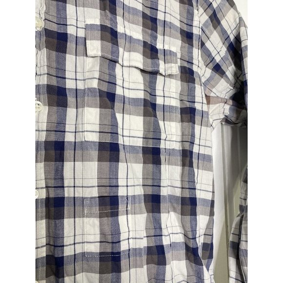 Simon Spurr Mens Double Breasted Button Front Shirt Blue White Brown Plaid Large - Picture 3 of 8